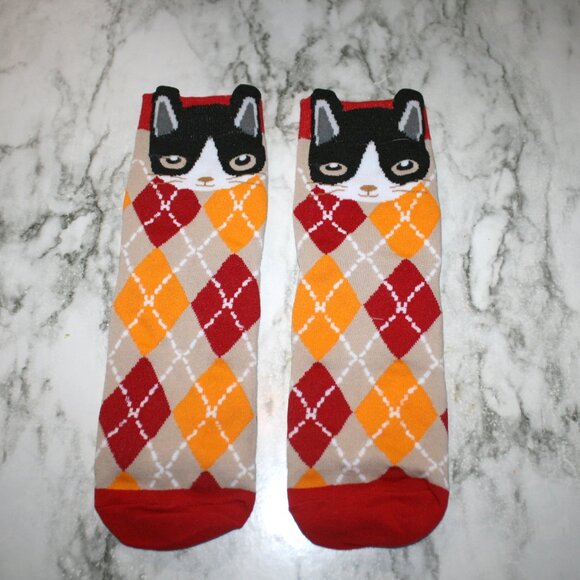 CAT LADY Socks Ankle Short Anklets Animal Print Argyle Feline Red Grey Orange - Picture 2 of 10